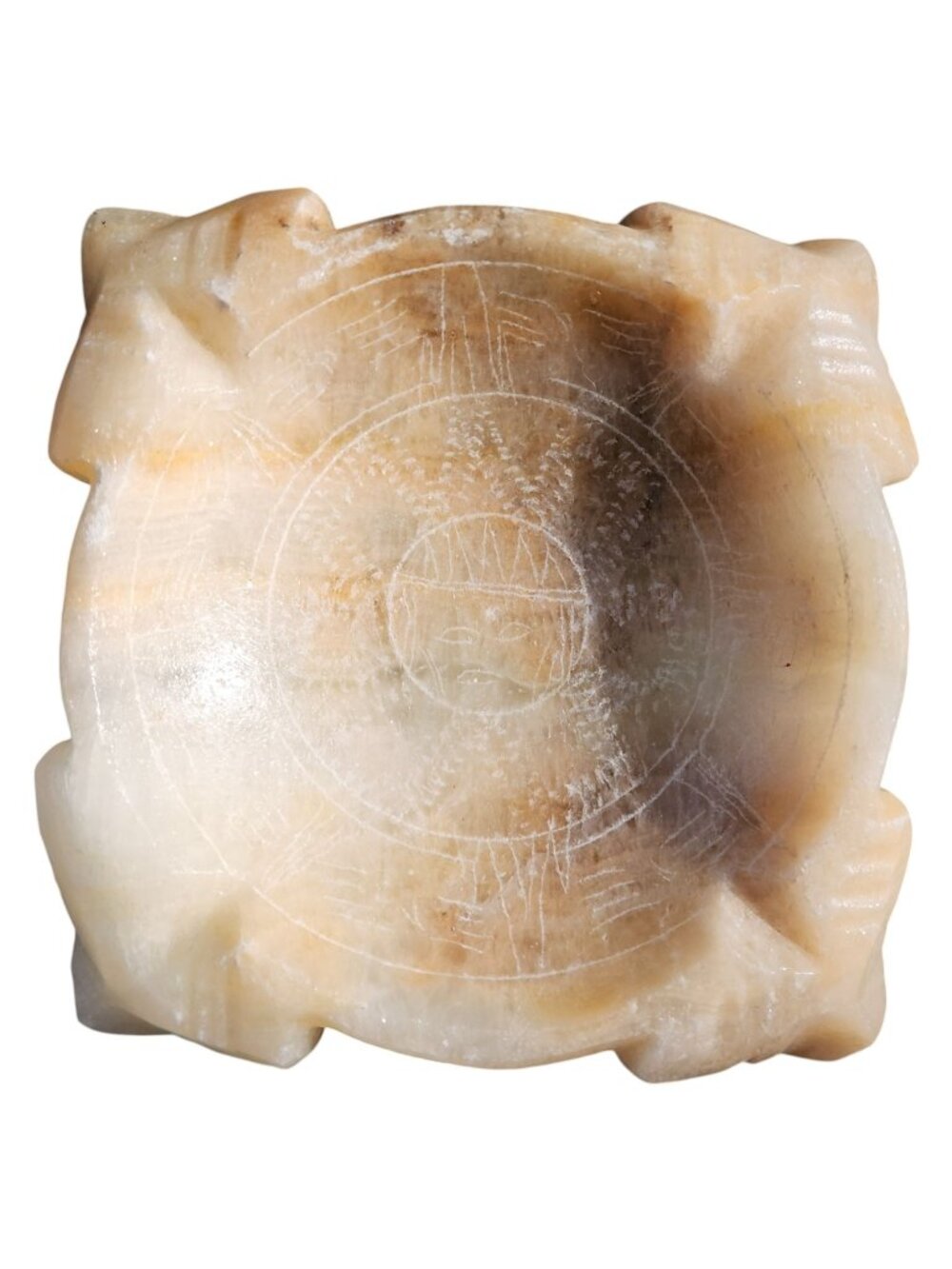 Vintage 60s Hand-Carved Etched Onyx Mayan Calendar Ashtray 4.5" x 4.5"